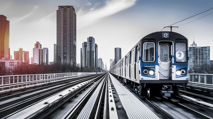 Naklejka premium Commuter train speeds through city vanishing into skyline, AI Generative.
