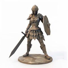 Obraz premium 3D Render of a Low Poly valiant female warrior ready for battle, on isolated white background, Generative AI