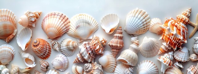 Obraz premium A collection of sea shells arranged on a white countertop nearby