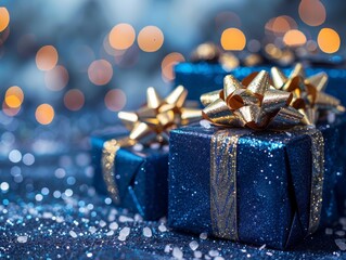 Blue Christmas gift boxes with gold bow on blue defocused holiday background - ai