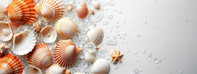 Obraz premium A collection of seashells atop a white surface, dotted with water droplets beneath
