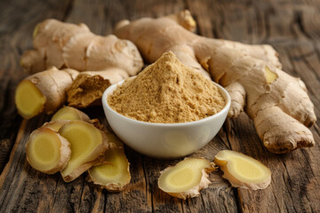 Fototapeta premium Fresh Ginger Root and Powder on Rustic Wooden Background