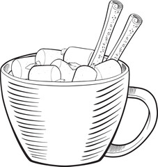 Vector composition with cup of hot chocolate with whipped cream, cinnamon rolls, marshmallows and chocolate chips.