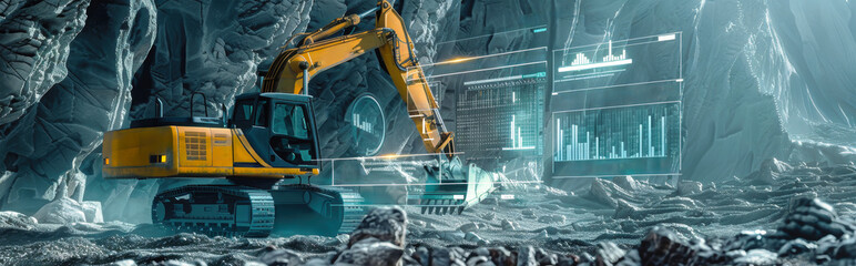 An excavator operates in a digital landscape, surrounded by transparent data screens displaying real-time performance and energy efficiency metrics