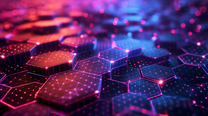 Fototapeta premium High-Tech Laboratory Abstract background hexagon pattern with glowing lights, hexagons forming a complex maze with pulsating light effects