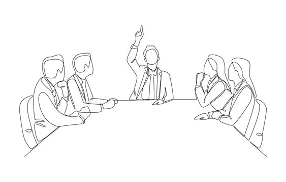 recommend clip art: Continuous one line drawing of business manager pointing finger up gesture to show employees, business meeting, team vision concept, single line art.