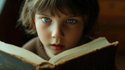 Close up of attractive child reading a book while looking at camera. Elementary student holding fairy tale novel book or bedtime stories with blurring background. Creative activity concept. AIG42. © InfiniteFlow