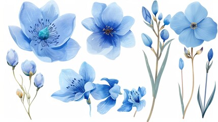 Set of blue flowers. Isolated on a white background. Watercolor illustration.