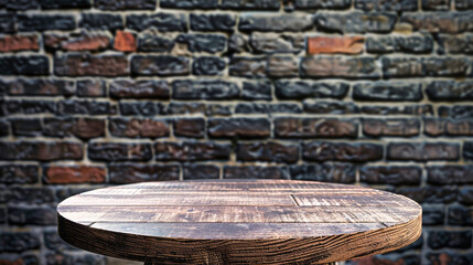Fototapeta premium A close-up of a rustic, wooden table top set against a backdrop of an aged brick wall