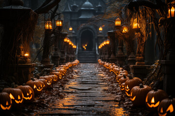 Fototapeta premium A Haunted House With Glowing Jack-o'-lanterns Lining The Path