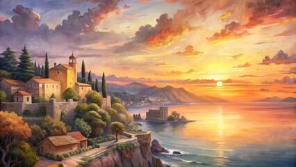 Naklejka premium Breathtaking sunset over tranquil Mediterranean Sea waters, surrounded by ancient buildings and lush greenery, evoking quintessential European summer serenity.