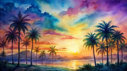 Vibrant colors of tropical horizon silhouette serene palm trees against warm golden light of peaceful dawn or dusk serenity landscape