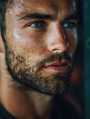 A semi-close up of a man feeling satisfaction in a gym, showing detailed skin texture, ample copy space
