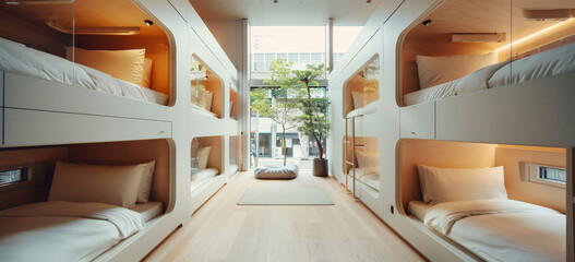 A room with bunk beds and a plant by AI generated image