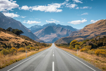 Fototapeta premium Asphalt Road Leading Through a Mountain Pass in New Zealand