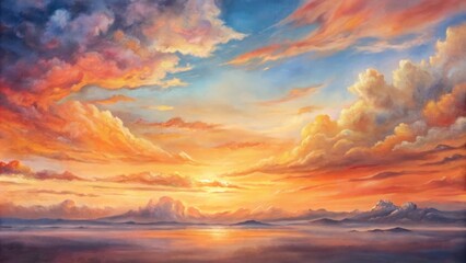 Fototapeta premium Vibrant orange and pink hues illuminate the serene cloudscape as the sun dips below the tranquil horizon.