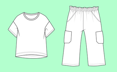 Girls short sleeve tshirt trouser set fashion flat sketch vector.  