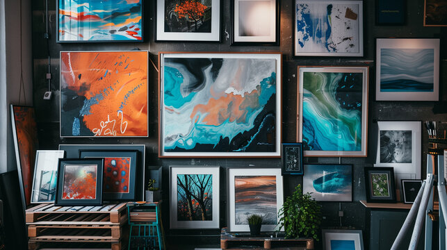 A gallery wall filled with an array of eclectic frames, each showcasing a unique abstract art piece.