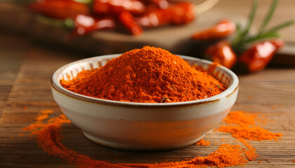 Bowl with aromatic paprika powder on wooden table, closeup