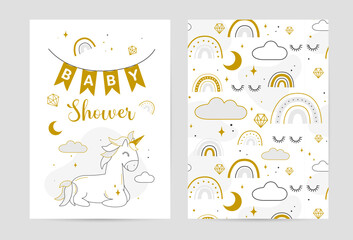 Fototapeta premium Childrens magic posters with unicorn, clouds, moon, stars, rainbows. Childrens birthday invitation. Design for kid room decoration, baby shower, greeting cards, covers, wallpaper background, nursery
