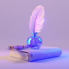 Inkwell on top of books with parchment scroll, 3d illustration in the style of minimal soft glow violet solid background
