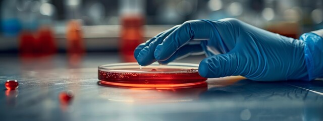  A hand in blue gloves holds a Petri dish, containing liquid, on the table