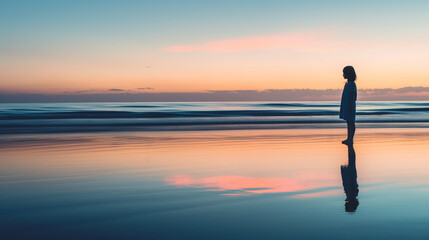 Fototapeta premium Silhouette of young girl reflected on wet sand at sunset.