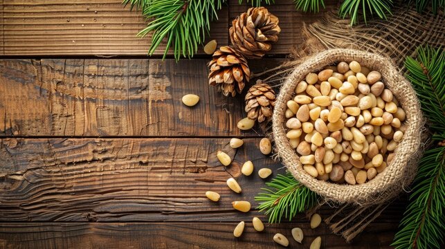 Close up of pine nuts on wooden background