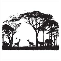 African safari animals and trees in scene silhouette white background