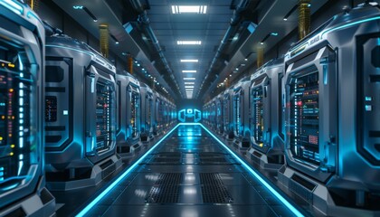Cryptocurrency mining farm with advanced AI robots, futuristic, high-tech, silver and blue, digital illustration, precise detailing