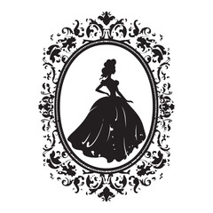 Princess in a magnificent dress in a retro frame silhouette white background
