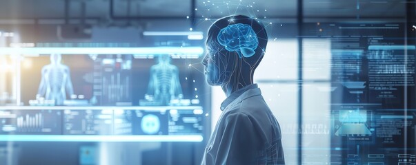 Telemedicine, AIpowered diagnostics, holographic patient interface, modern clinic