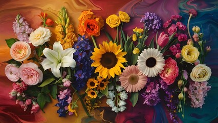 Obraz premium Different flowers on colour background