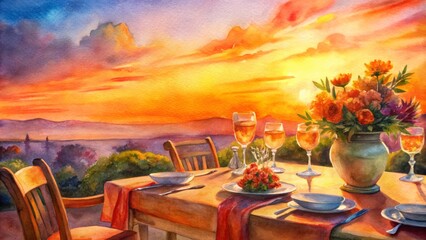 Fototapeta premium Vibrant orange sunset backdrop frames elegantly set outdoor dining table adorned with colorful flowers, glasses, and seasonal summer decorations.