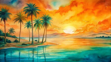 Vibrant orange hues dance across serene turquoise waters, palm trees stand tall, embracing tranquil tropical beach at day's end solitude.
