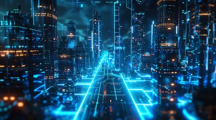 5G network, holographic data transfer, futuristic urban design, glowing blue