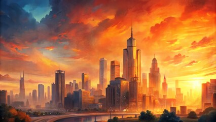 Fototapeta premium Vibrant orange hues illuminate majestic skyscrapers and bustling streets lined with modern architecture amidst a serene downtown city sunset backdrop.