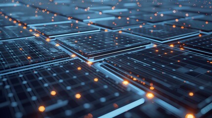 Renewable energy, blockchain network, solar panels, advanced tech visualization