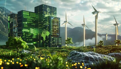 Blockchain, renewable energy management, futuristic green tech, digital interface