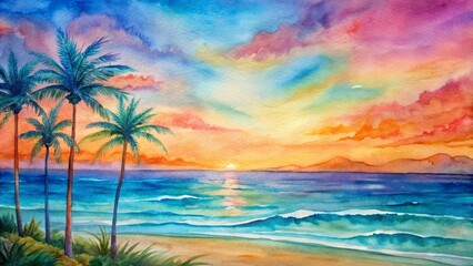 Vibrant orange and pink hues illuminate the serene ocean horizon, fringed with swaying palm trees, under a clear blue sky.