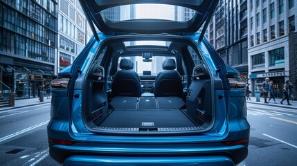 Blue SUV with open trunk parked in city. Rear view of the car open trunk .The exterior of a modern, modern SUV car empty trunk with city background. Generative ai