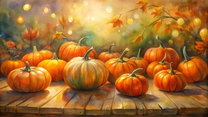 Autumnal arrangement of vibrant orange pumpkins scattered on a rustic wooden table, set against a warm, glowing, blurred background.