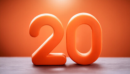 Number 20 in orange color. Design for banner or poster. 3D rendering. Close-up.