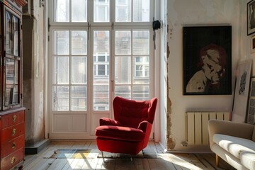 Interior of an old house with a red armchair and a window
