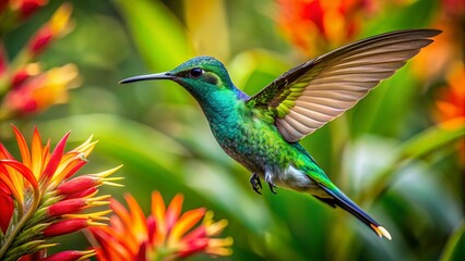 Naklejka premium Vibrant green tropical foliage serves as backdrop for iridescent hummingbird in mid-flight, wings beating rapidly, near bright exotic flowers.