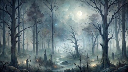 Eerie moonlit forest with fog-shrouded trees, misty atmosphere, and subtle Halloween undertones, illuminated by an ethereal silver glow.