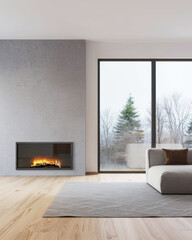 Fototapeta premium Minimalist luxurious interiors design composition in neutral colors depicting an empty room with a fireplace. Luxury residential Real Estate.