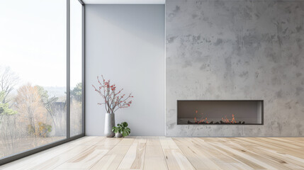 Minimalist luxurious interiors design composition in neutral colors depicting an empty room with a fireplace. Luxury residential Real Estate.