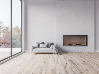 Fototapeta premium Minimalist luxurious interiors design composition in neutral colors depicting an empty room with a fireplace. Luxury residential Real Estate.