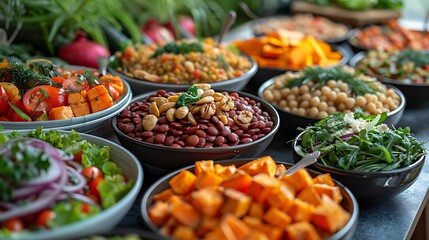 Fototapeta premium A delightful plant-based feast with a variety of dishes such as a lentil and vegetable stew, a mixed greens salad with nuts, and roasted sweet potatoes.